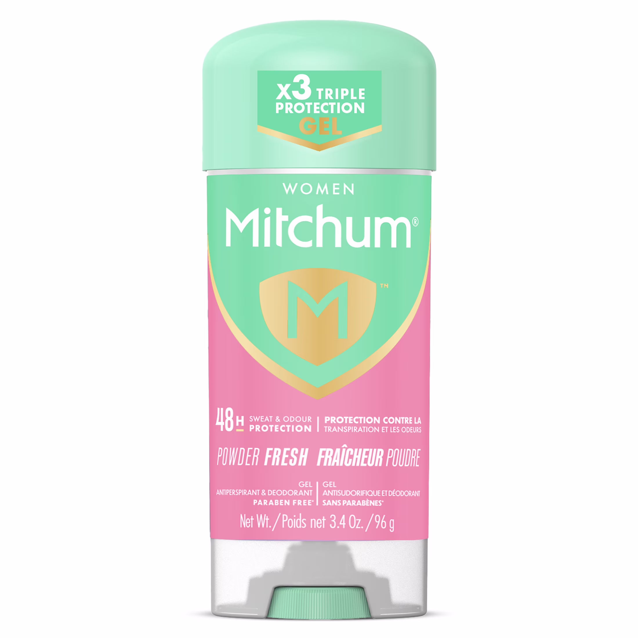 Gel antisudorifique et désodorisant mitchum femmes. protection de 48 heures contre les odeurs. fraîcheur poudre.