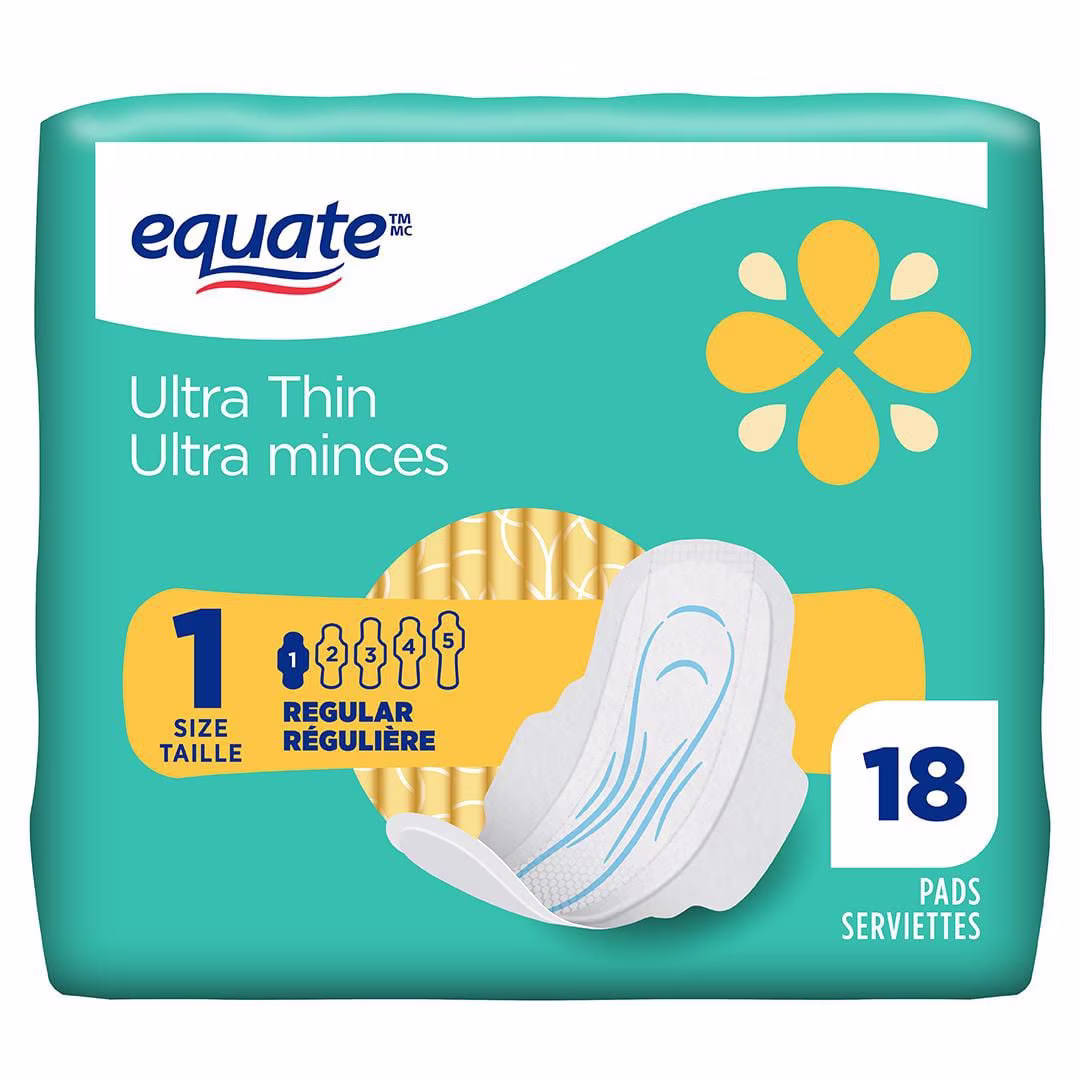 Serviettes ultra minces equate à absorption régulière avec flexi-wings. taille& 1. 18& unités paquet de 18 serviettes