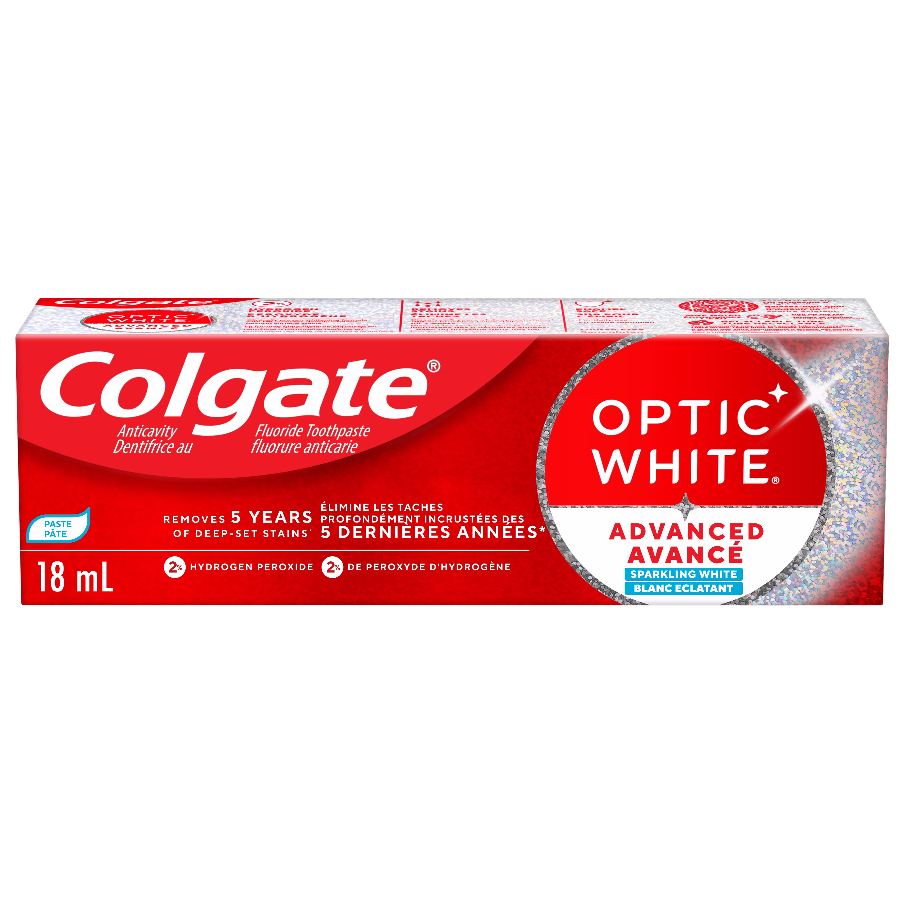 Dentifrice au fluorure colgate optic white avancé blanc éclatant. format voyage. menthe. 18& ml
