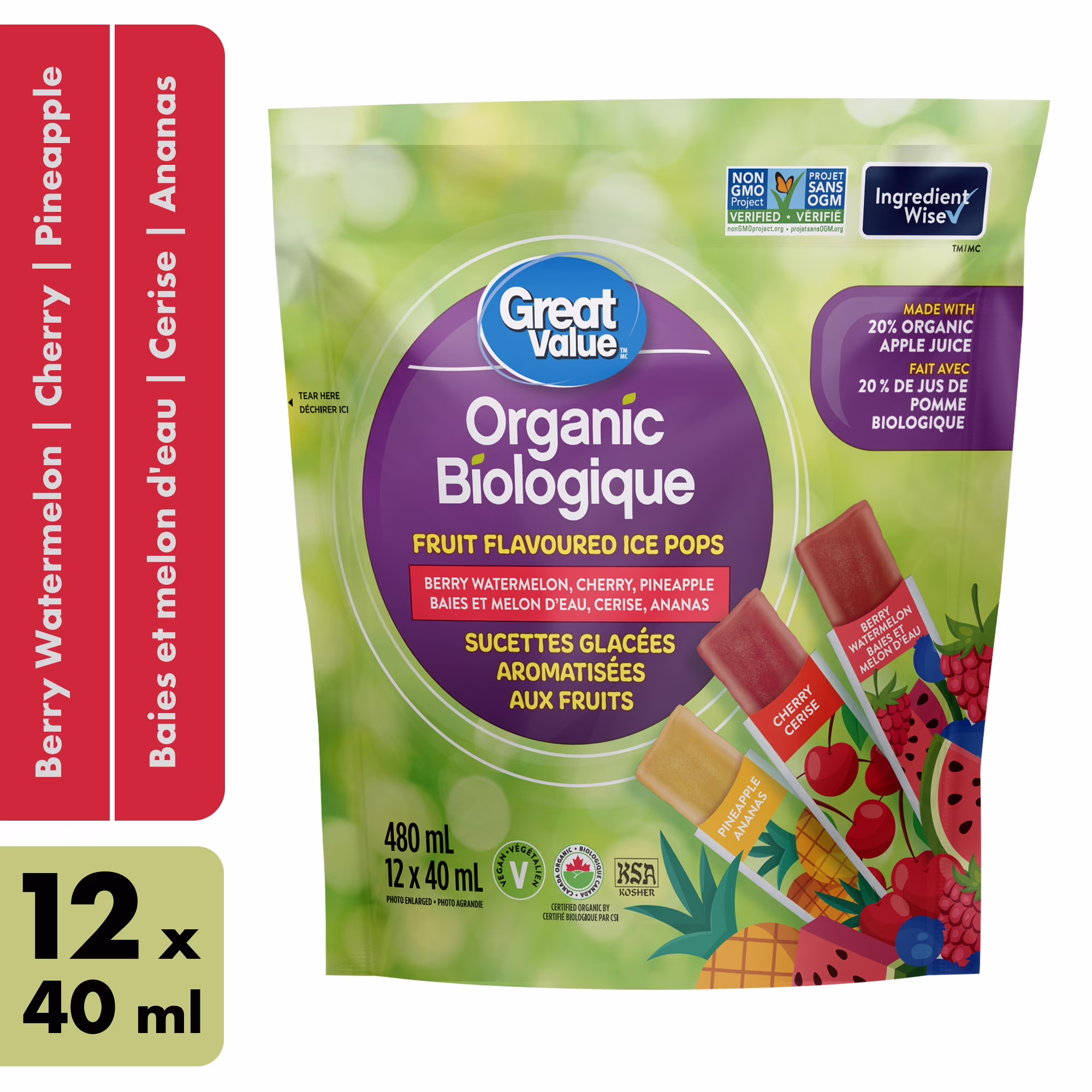 Sucettes glacées aromatisées aux fruits biologiques great value - baies et melon deau. cerise. ananas - 12 x 40& ml