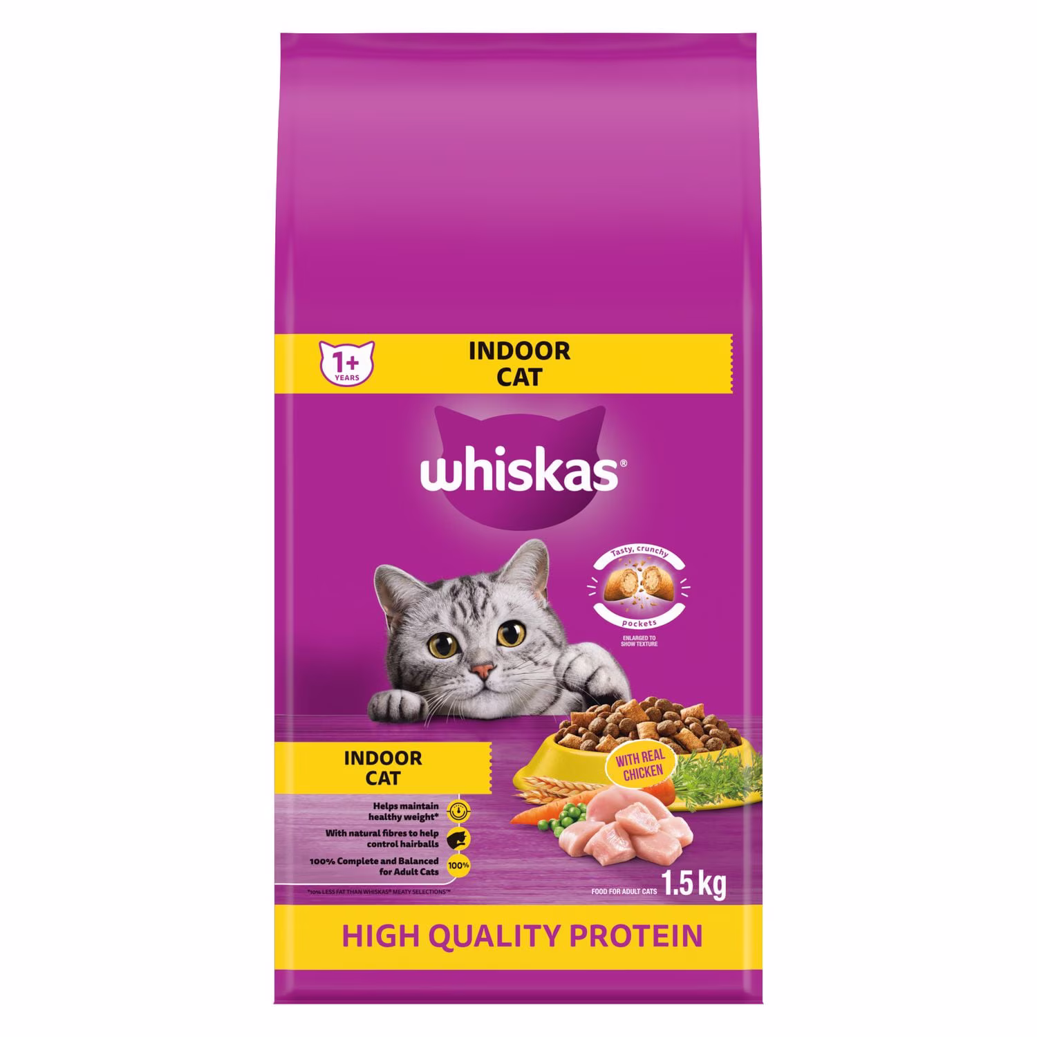 Nourriture sèche pour chats whiskas protéines de haute qualité chats d'intérieur avec poulet véritable
