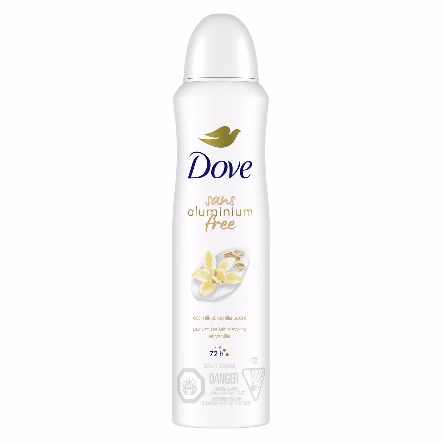 Dove sans aluminium désodorisant pour tout le corps pour femmes avec 14 d'hydratants parfum lait d'avoine et vanille pour une peau douce et confortable