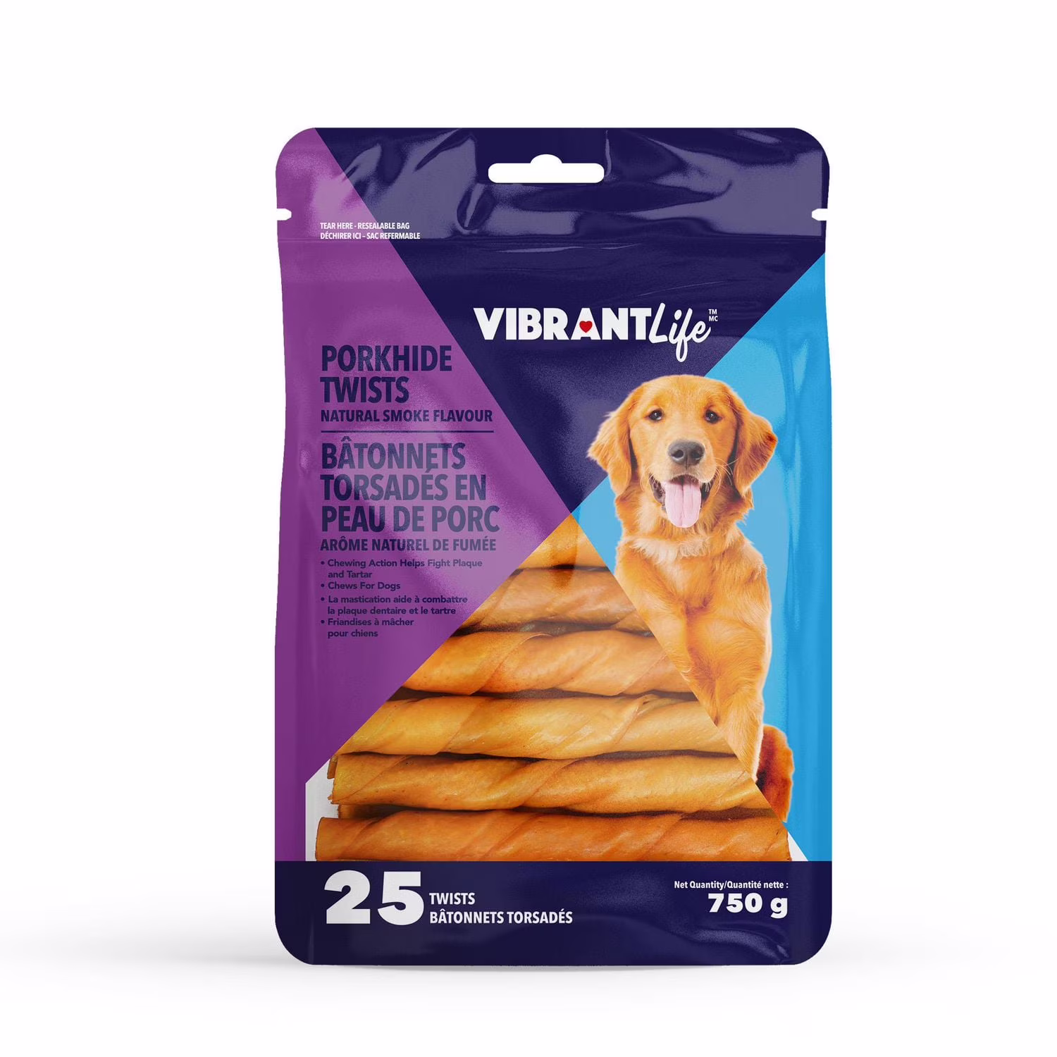 Vibrantlife bâtonnets torsades en peau de porc friandises à mâcher pour chiens