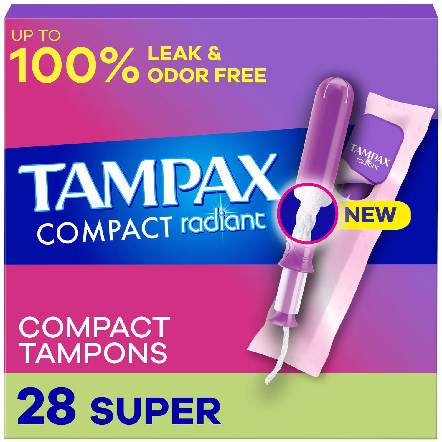Tampons tampax radiant compacts. avec tresse anti-fuites leakguard et applicateur extensible. degré dabsorption super. non parfumés. 28tampons 28ct