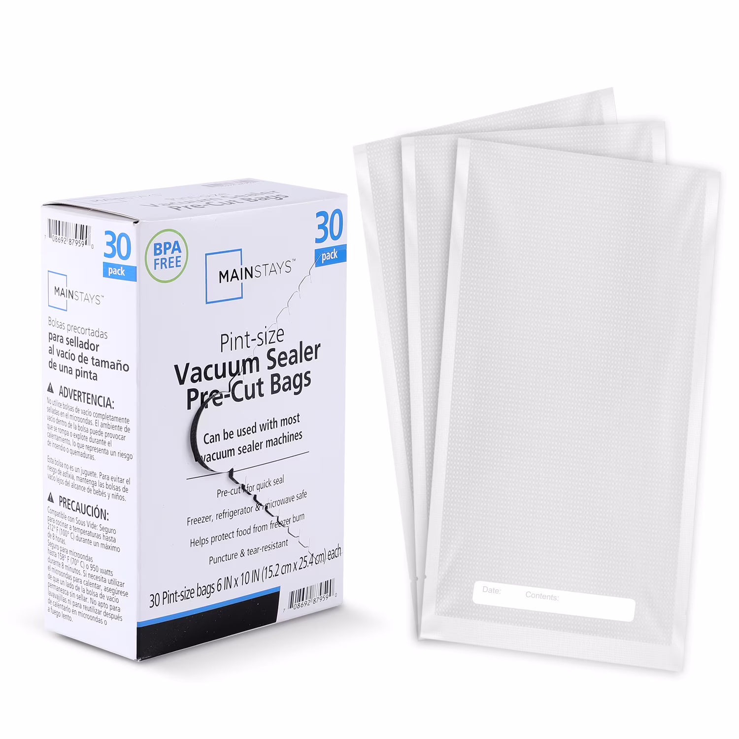 Mainstays sacs de mise sous vide pré-découpés. 1 pinte. 30 unités. transparents