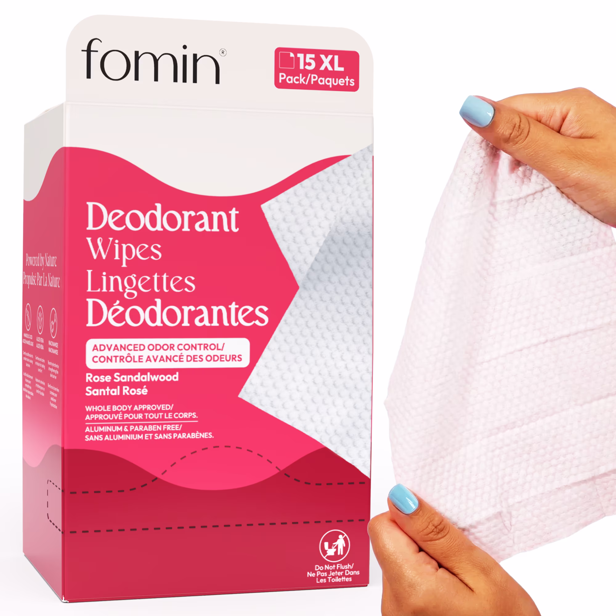 Lingettes déodorantes de voyage fomin - rose et bois de santal - paquet de ingettes déodorantes hypoallergéniques au ph équilibré pour le corps entier. pour femmes et hommes. pour un contrôle avan