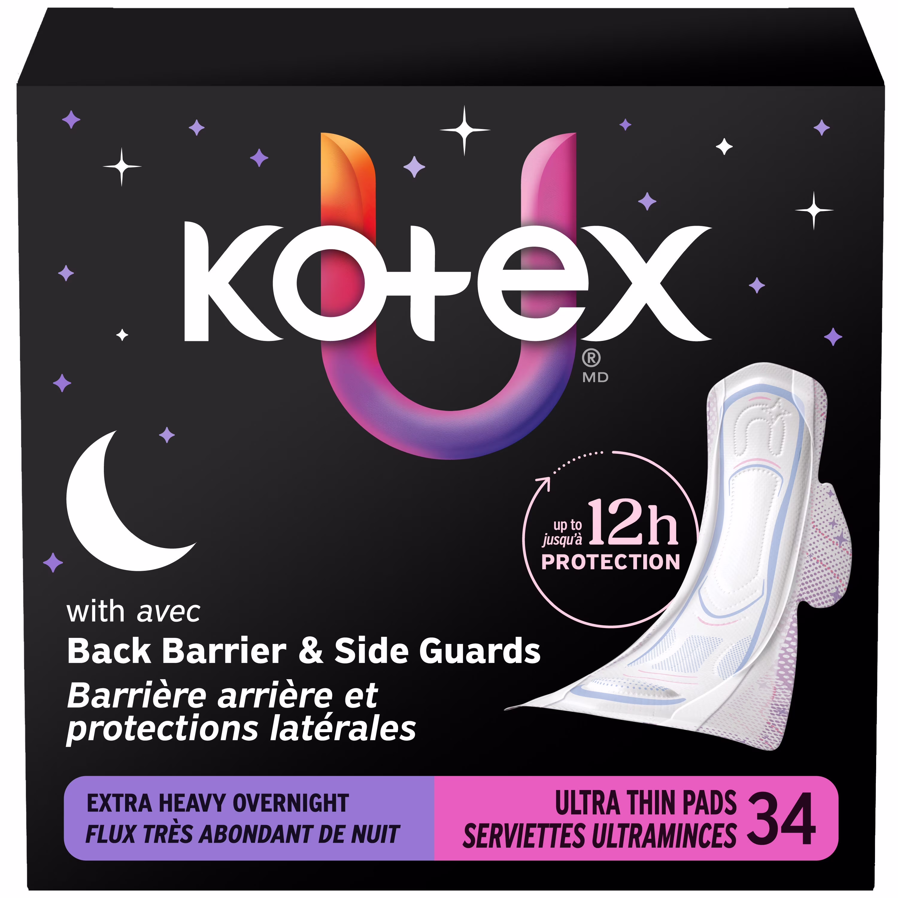 Serviettes ultraminces de nuit kotex avec ailes. absorption très élevée. 34 unités