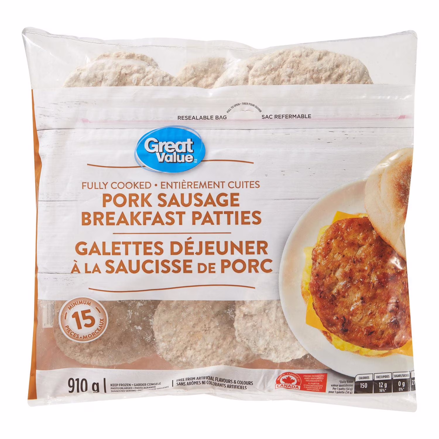 Galettes dejeuner saucisse de porc great value