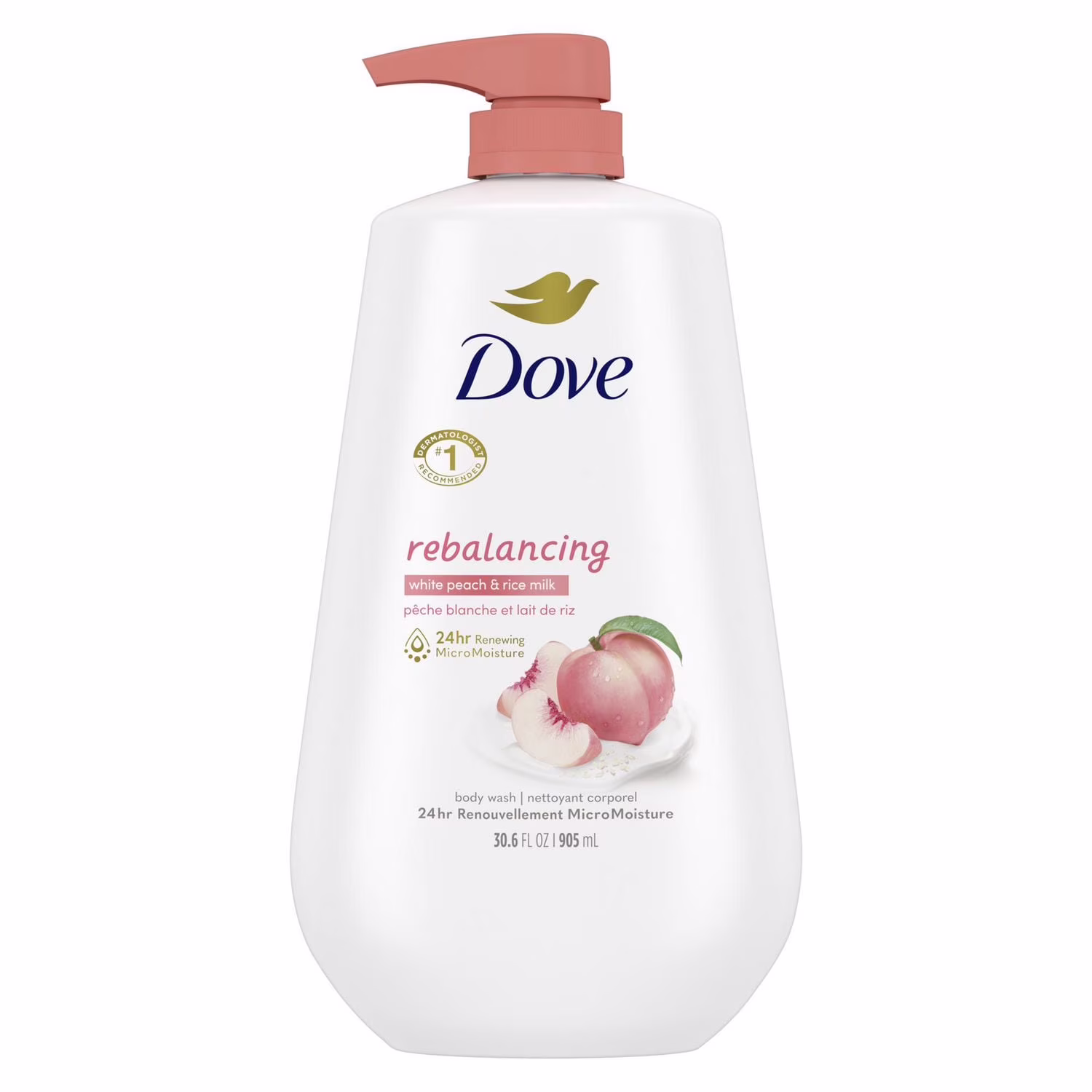 Dove nettoyant corporel pêche blanche + lait de riz rééquilibrant.