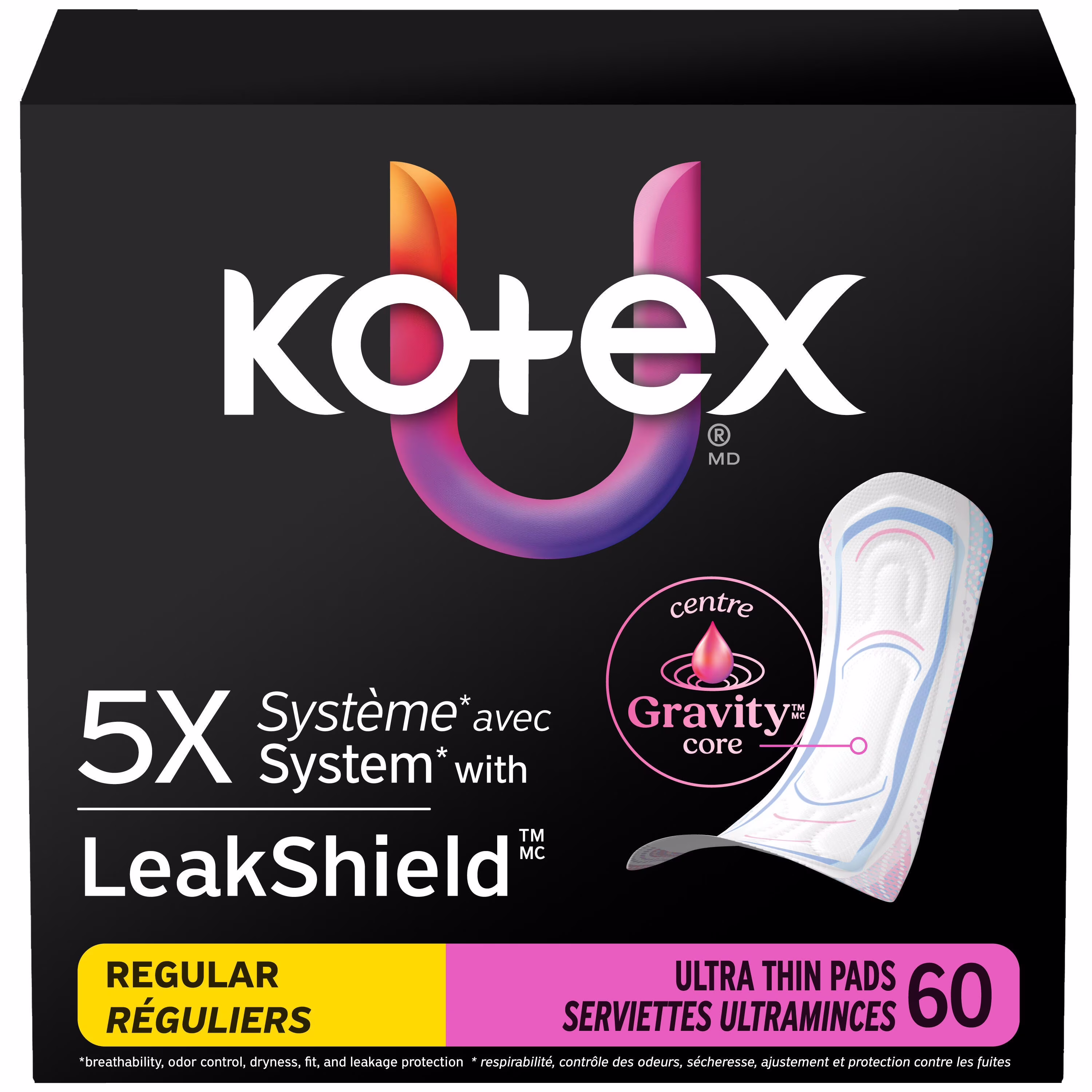 Serviettes ultraminces kotex. absorption régulière. 60unités