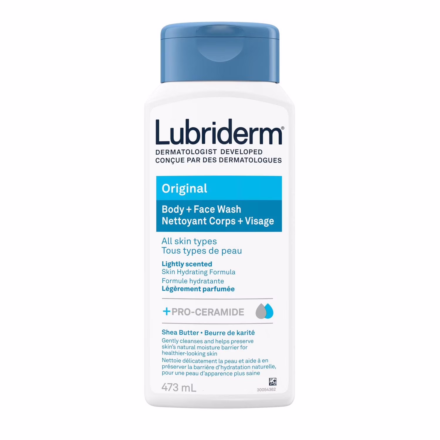 Lubriderm nettoyant corps + visage original. nettoyant pour le corps hydratant + nettoyant pour le visage hydratant avec pro-céramide & beurre de karité pour nettoyer en douceur. parfum léger & hypoallergénique